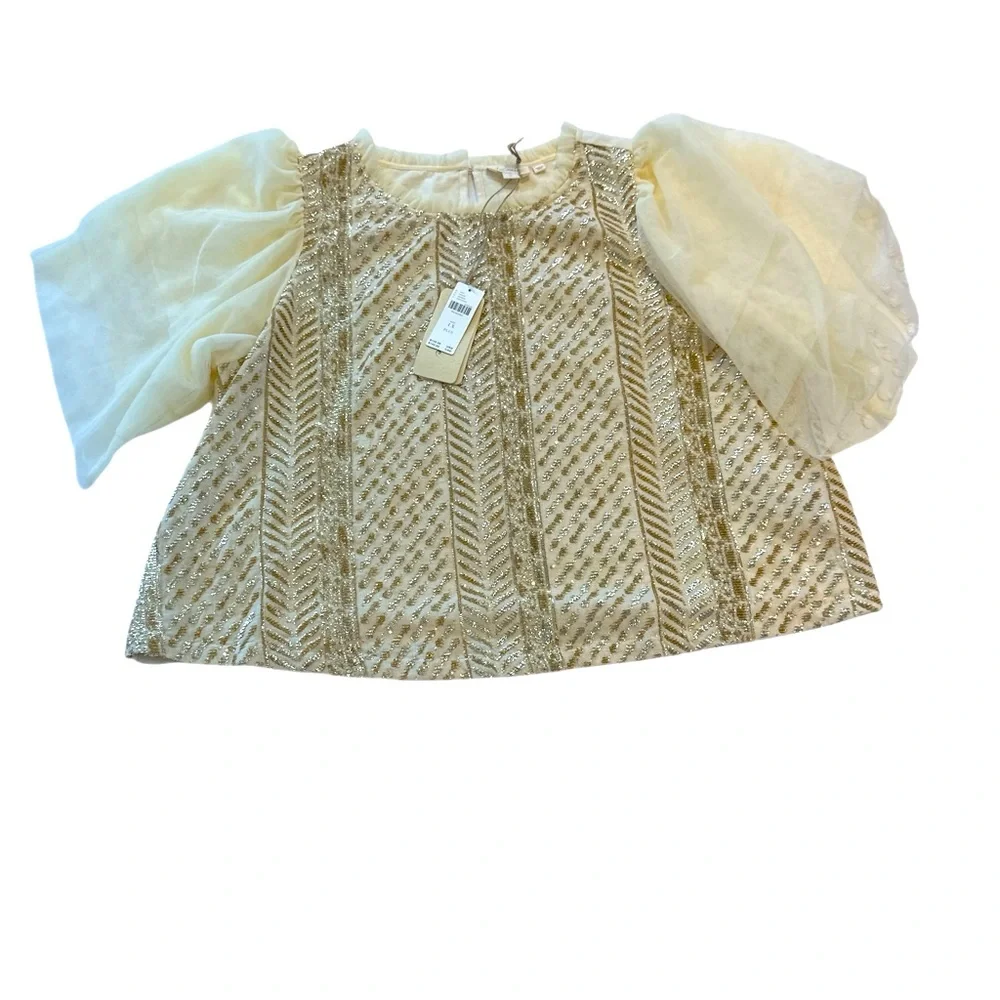 Anthropologie Gold and Cream Embellished Puff-Sleeve Blouse